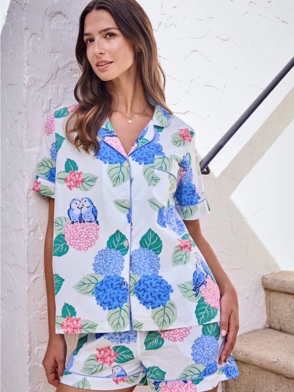 Floral Hydrangea Short Pajama Set in White with Blue & Pink Accents